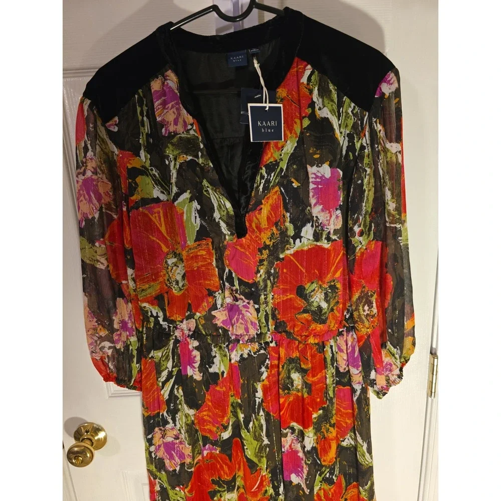 Modern Kaari Blue Poppy Floral Midi Dress Velvet Trim Boho Romantic Maximalist L